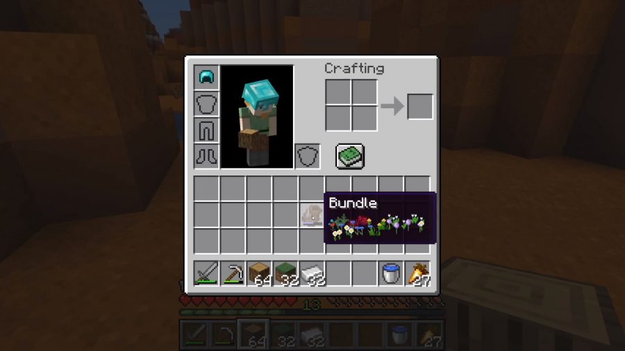 minecraft-grottes-et-falaises-bundles L'écran d'inventaire, montrant les lots. Ce paquet a de nombreux types de fleurs.