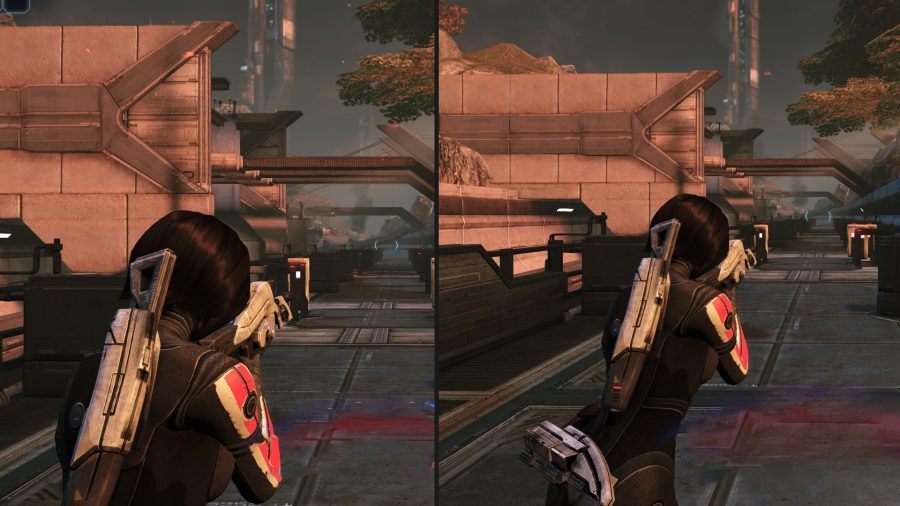 masse-effet-édition-légendaire-mod-fovs Un exemple côte à côte du FoV par défaut et du FoV modifié dans Mass Effect