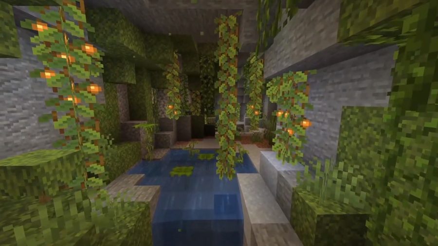 minecraft-lush-grottes-glow-berries Beaucoup de baies lumineuses éclairent le chemin à travers cette grotte sombre. La grotte contient de petites flaques d'eau.