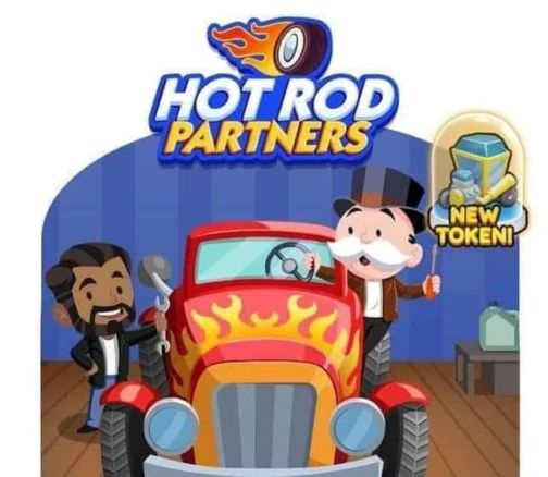 Illustration de l'événement partenaire du mois de mars Monopoly GO Hot Rod Partners