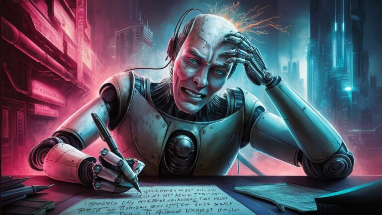 Une illustration montrant un robot qui essaie de rédiger comme un humain, mais il n'y arrive pas.v