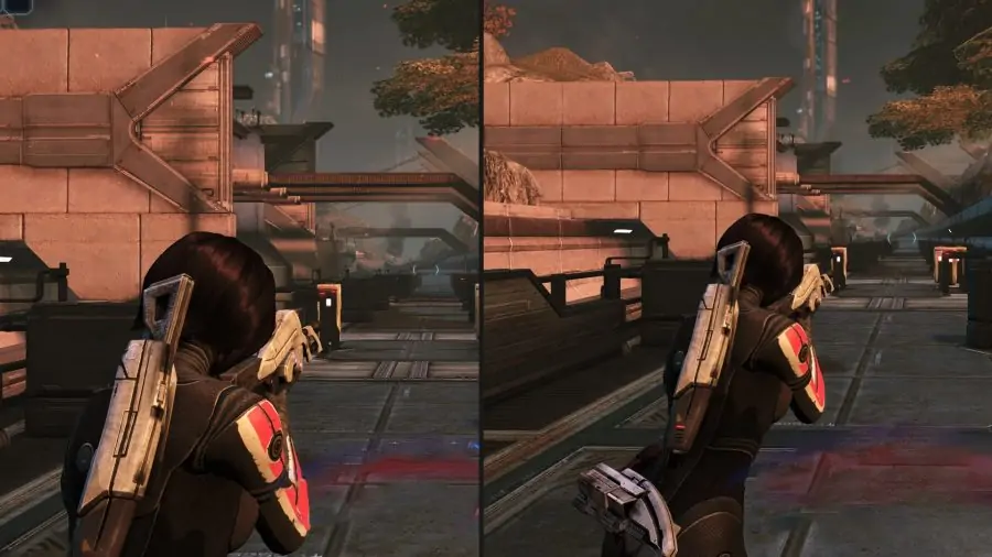 Un exemple côte à côte du FoV par défaut et du FoV modifié dans Mass Effect