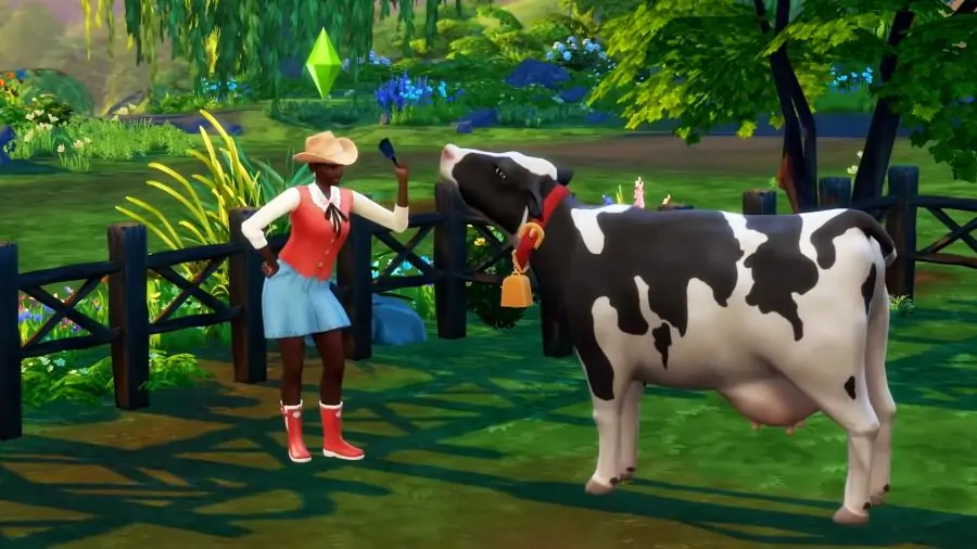 Un Sim s'occupant de sa vache dans le pack d'extension Sims 4 Cottage Living