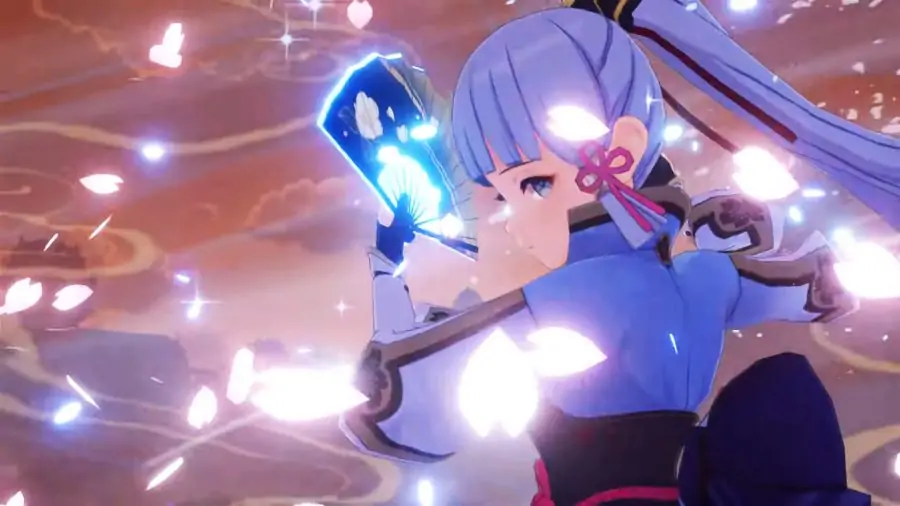 Ayaka de Genshin Impact 2.0 transformant son épée en éventail